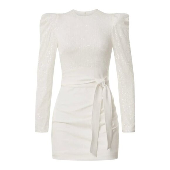 Elle Zeitoune M White Sequin Long Sleeve Alex Mini Dress Party NWT MSRP $330 - Picture 1 of 8